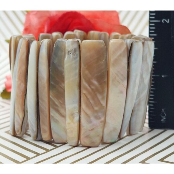 Bohemian White & Brown Neutral Abalone Shell Wide Stretch Bracelet Beach Nature - Picture 6 of 7